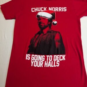 Chuck Norris Is Going To Deck Your Halls Red Tee Small